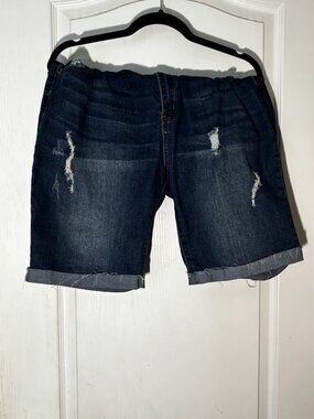 Distressed Dark Wash Denim Bermuda Shorts 2XL